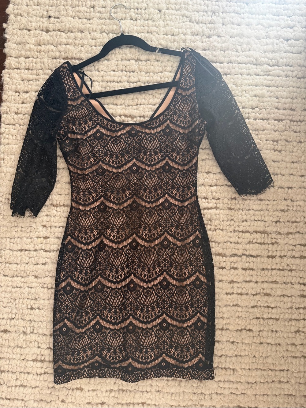Guess Black Lace Overlay Dress with Nude Lining and Three-Quarter Sleeves
